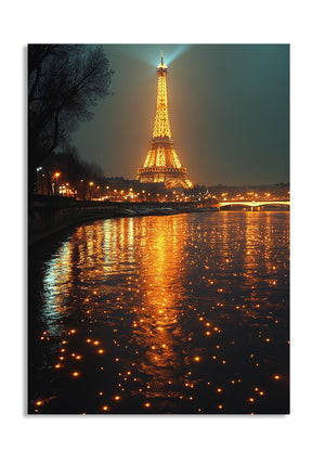 Eiffel Tower illuminated at night with reflections on the water, as a premium aluminum metal print from GoMetalPrint.
