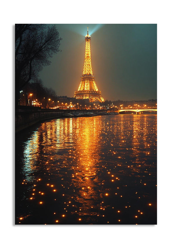 Eiffel Tower illuminated at night with reflections on the water, as a premium aluminum metal print from GoMetalPrint.
