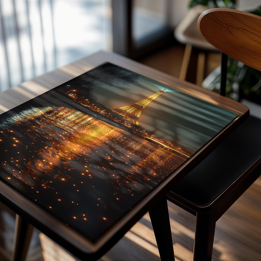 Eiffel Tower illuminated at night with reflections on the water, as a premium aluminum metal print from GoMetalPrint.
