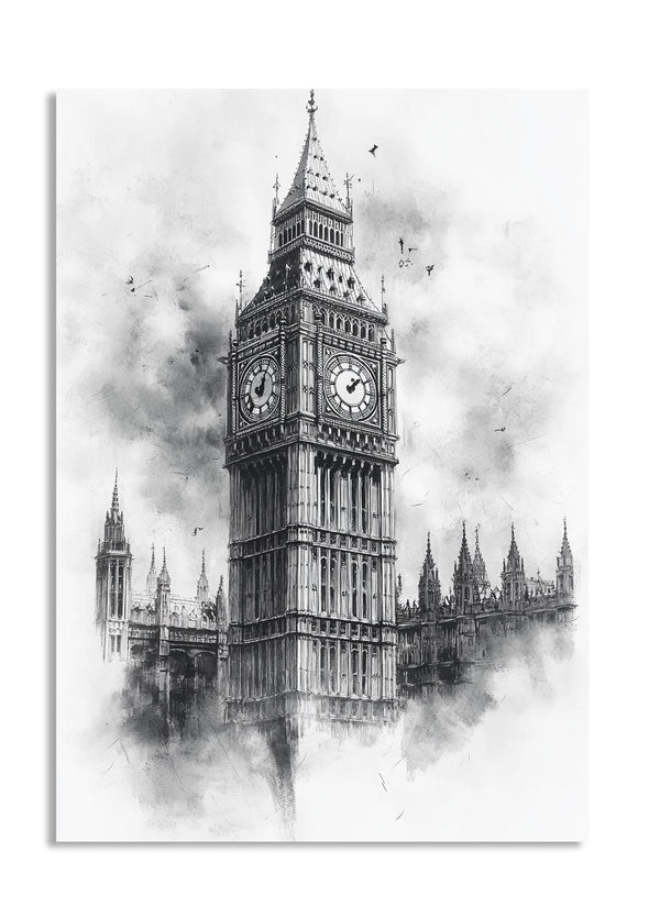Black and white illustration of Big Ben with watercolor texture, as a premium aluminum metal print from GoMetalPrint.
