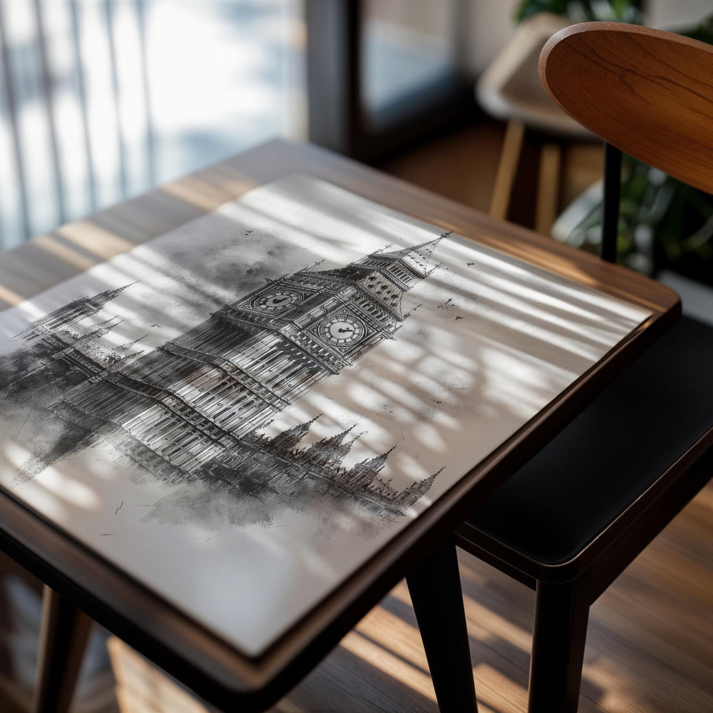 Black and white illustration of Big Ben with watercolor texture, as a premium aluminum metal print from GoMetalPrint.
