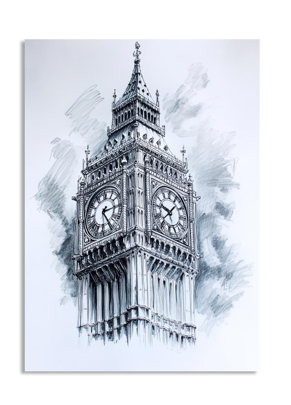 Artistic sketch of the Big Ben clock tower on a light blue background, as a premium aluminum metal print from GoMetalPrint.
