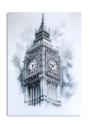 Artistic sketch of the Big Ben clock tower on a light blue background, as a premium aluminum metal print from GoMetalPrint.
