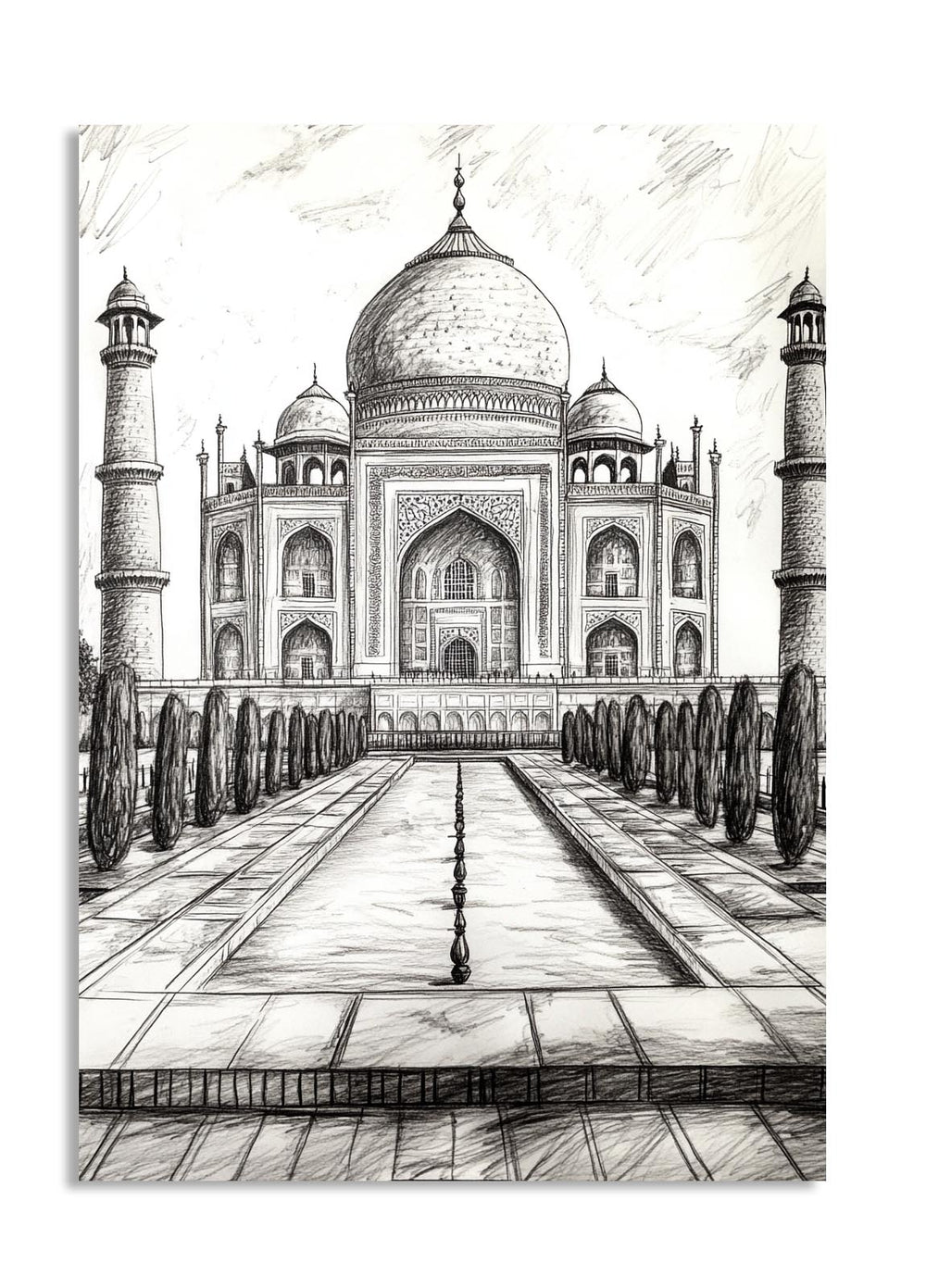 Pencil sketch of the Taj Mahal with intricate detailing, as a premium aluminum metal print from GoMetalPrint.
