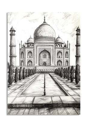 Pencil sketch of the Taj Mahal with intricate detailing, as a premium aluminum metal print from GoMetalPrint.
