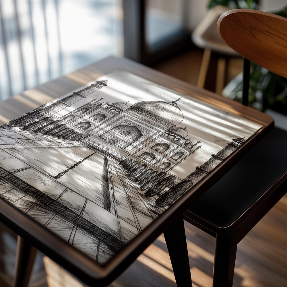 Pencil sketch of the Taj Mahal with intricate detailing, as a premium aluminum metal print from GoMetalPrint.
