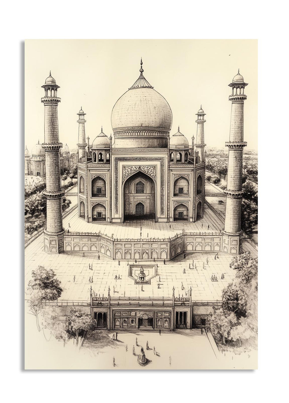 Black and white illustration of the Taj Mahal, as a premium aluminum metal print from GoMetalPrint.
