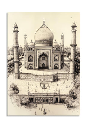 Black and white illustration of the Taj Mahal, as a premium aluminum metal print from GoMetalPrint.
