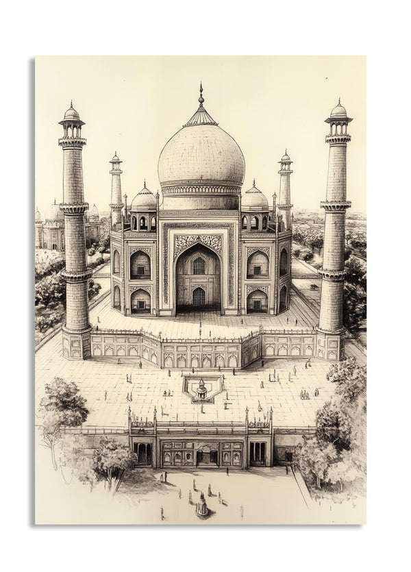Black and white illustration of the Taj Mahal, as a premium aluminum metal print from GoMetalPrint.
