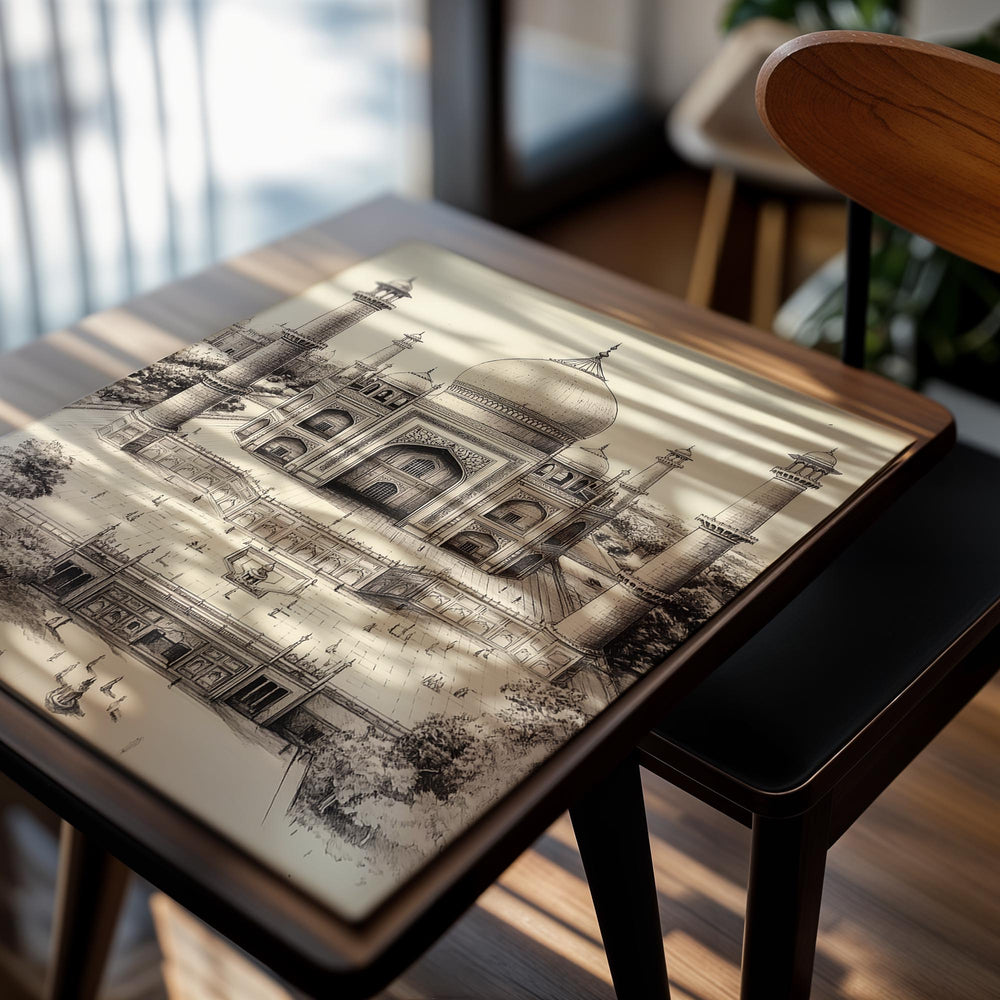 Black and white illustration of the Taj Mahal, as a premium aluminum metal print from GoMetalPrint.
