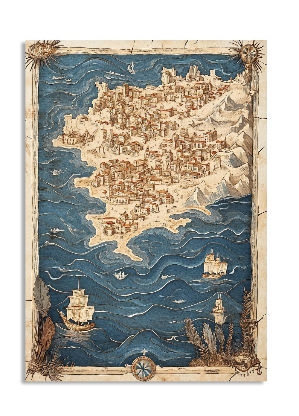 Decorative map with ships and a compass on a white background, as a premium aluminum metal print from GoMetalPrint.
