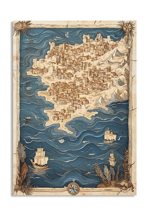 Decorative map with ships and a compass on a white background, as a premium aluminum metal print from GoMetalPrint.
