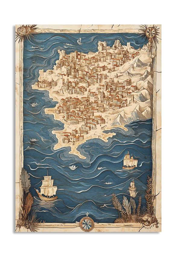 Decorative map with ships and a compass on a white background, as a premium aluminum metal print from GoMetalPrint.
