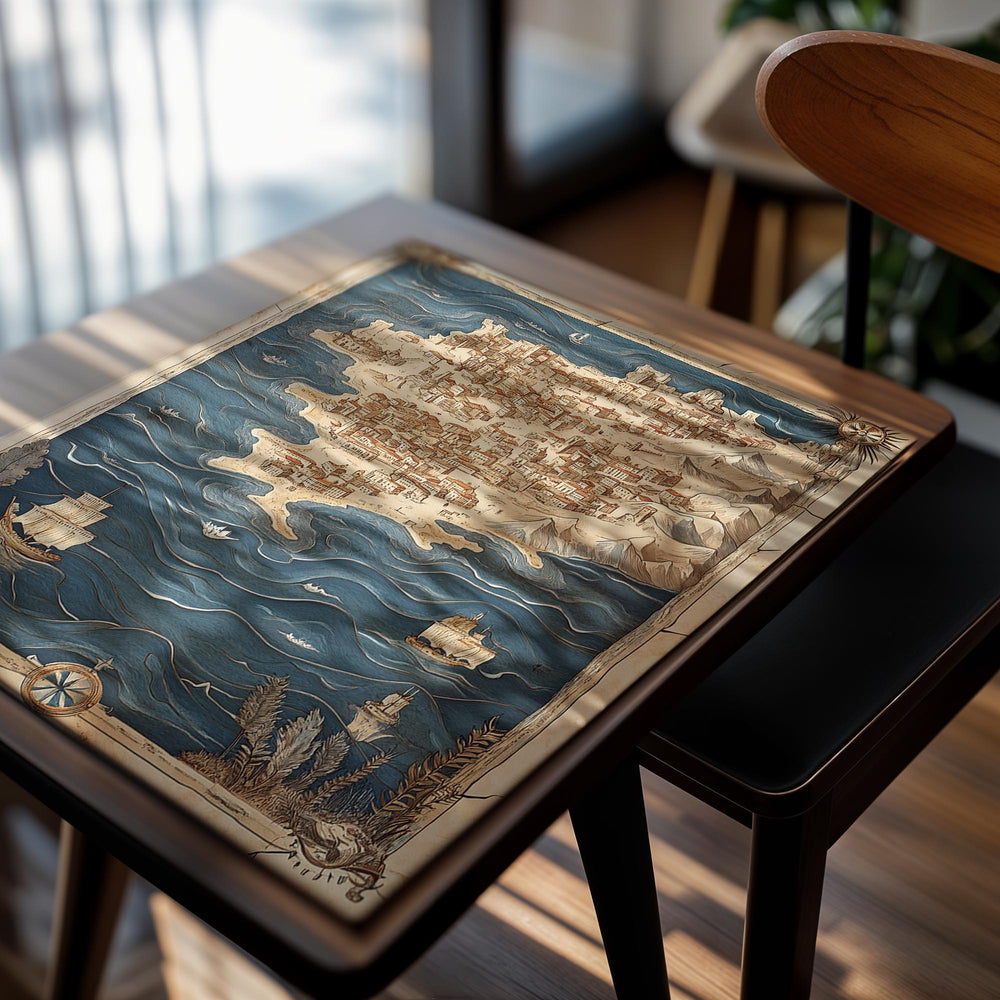 Decorative map with ships and a compass on a white background, as a premium aluminum metal print from GoMetalPrint.
