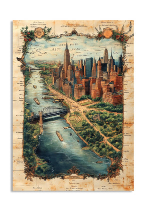 Vintage-style map of a city with tall buildings and a river, framed with decorative elements, as a premium aluminum metal print from GoMetalPrint.
