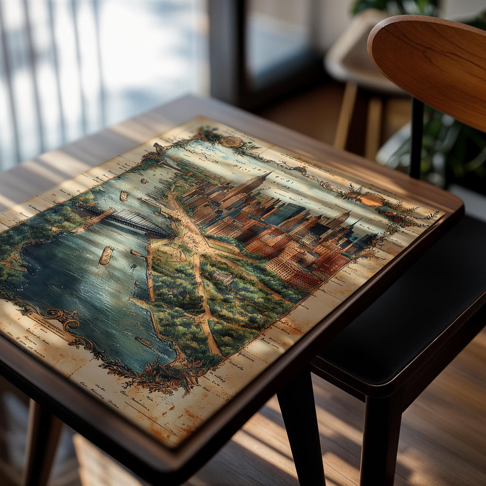 Vintage-style map of a city with tall buildings and a river, framed with decorative elements, as a premium aluminum metal print from GoMetalPrint.
