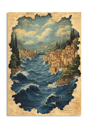 Vintage-style illustration of a coastal town with large waves crashing over it, as a premium aluminum metal print from GoMetalPrint.
