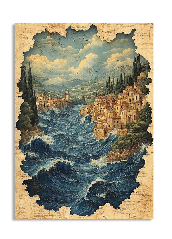 Vintage-style illustration of a coastal town with large waves crashing over it, as a premium aluminum metal print from GoMetalPrint.
