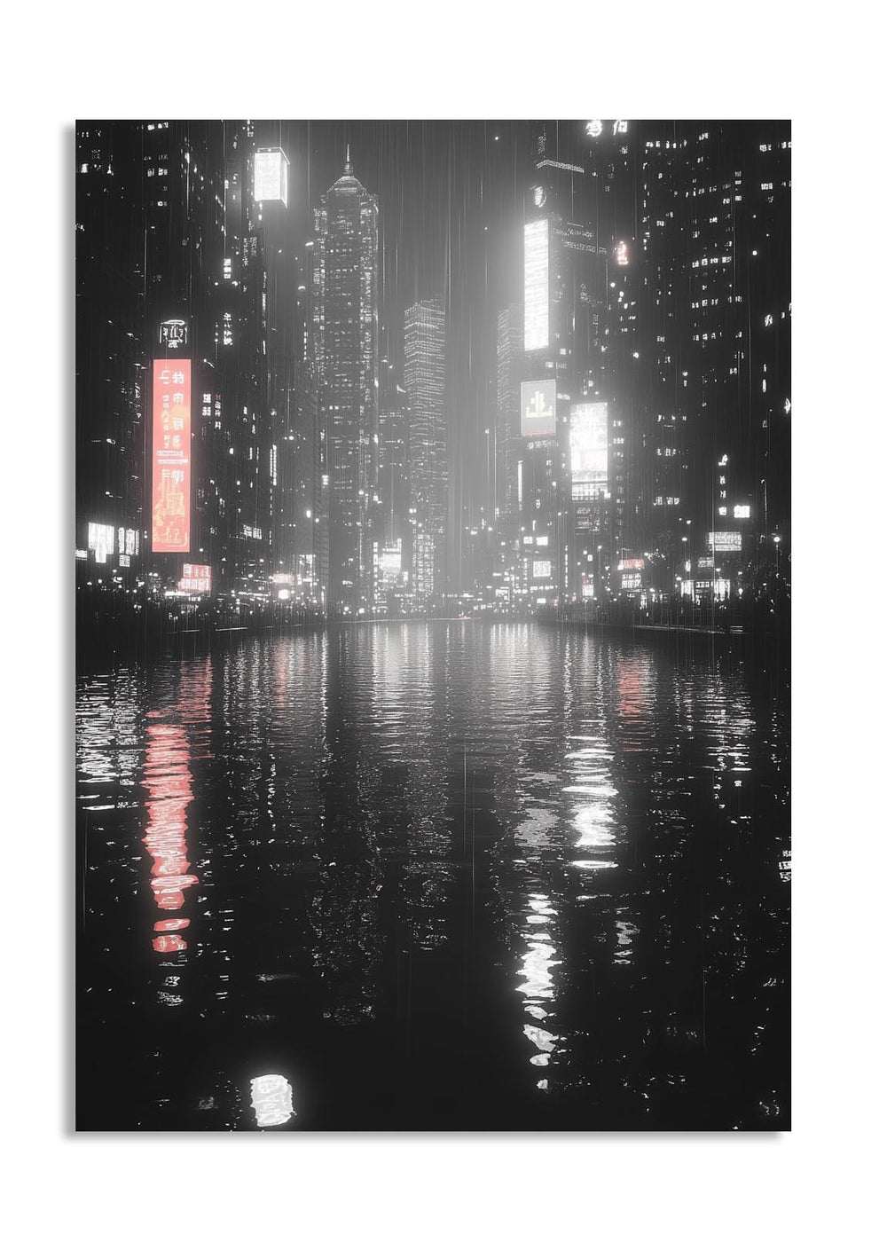 City skyline at night with illuminated buildings reflected in water, as a premium aluminum metal print from GoMetalPrint.

