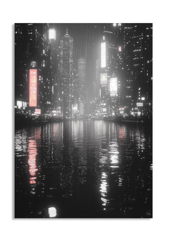 City skyline at night with illuminated buildings reflected in water, as a premium aluminum metal print from GoMetalPrint.
