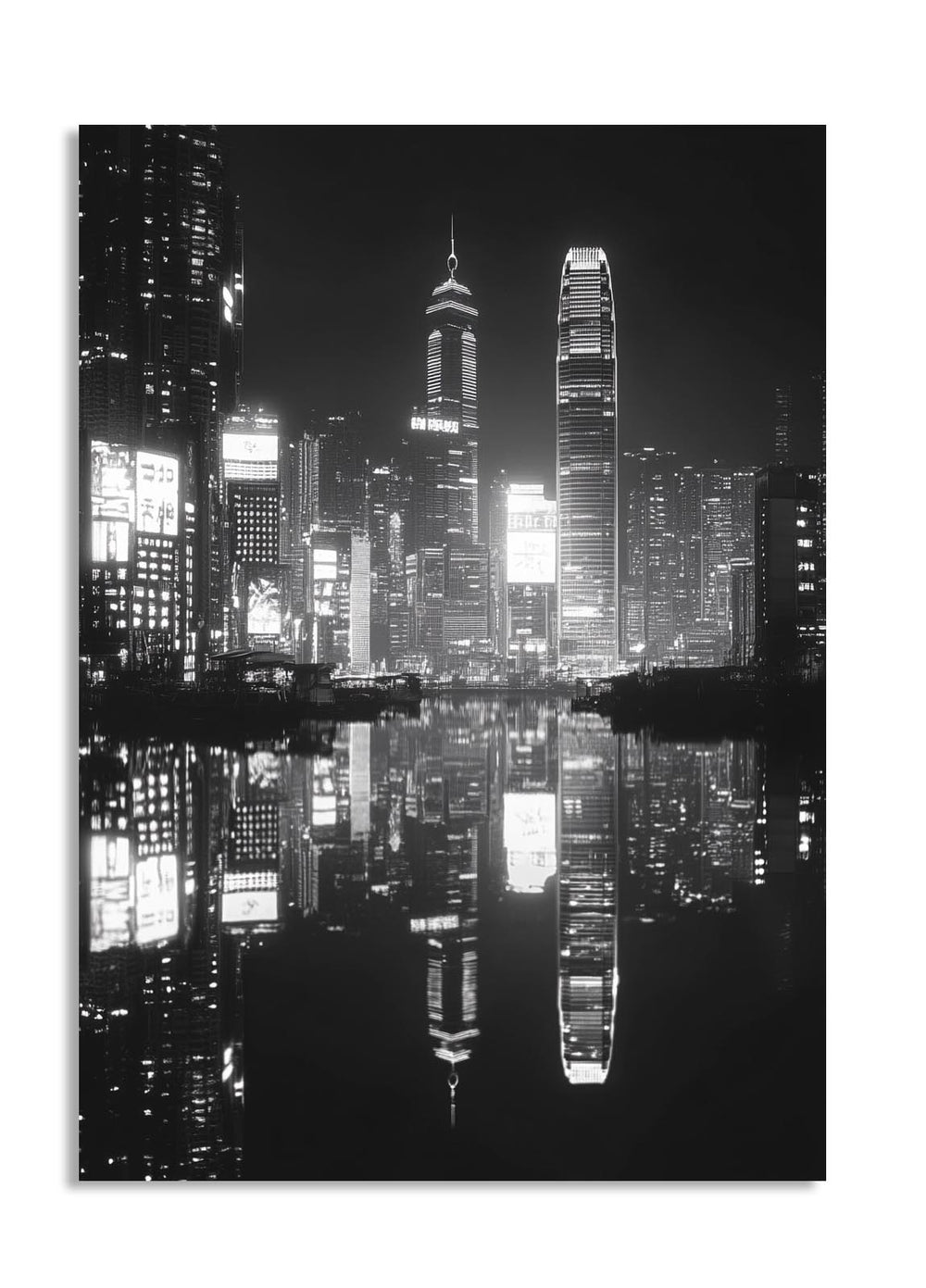 Black and white cityscape at night with reflective water, as a premium aluminum metal print from GoMetalPrint.
