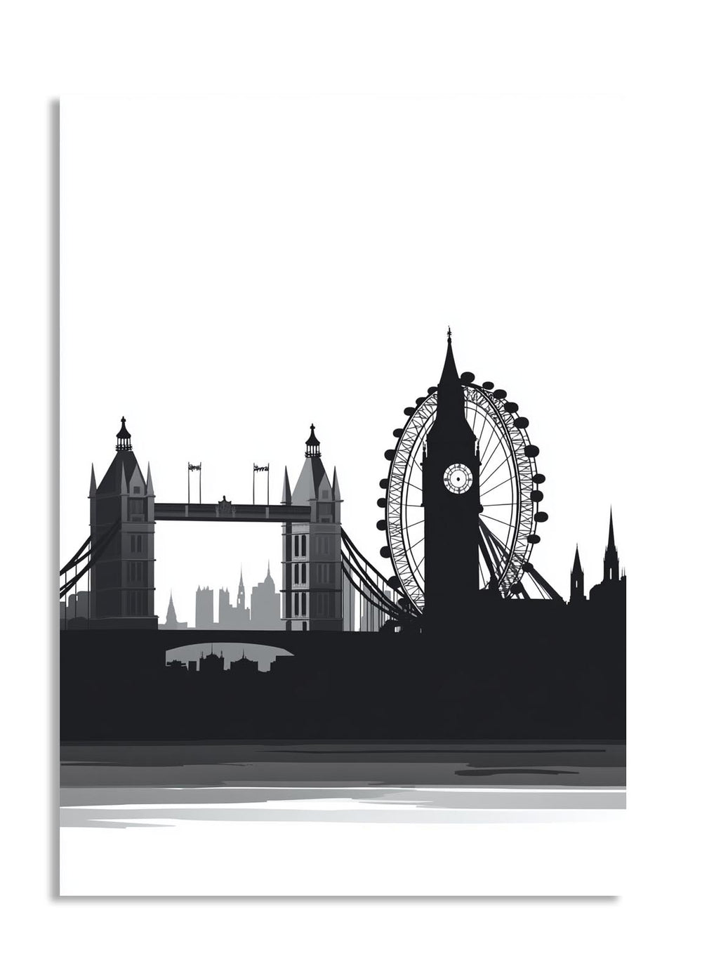Black silhouette of London landmarks including Tower Bridge and the London Eye on a white background, as a premium aluminum metal print from GoMetalPrint.
