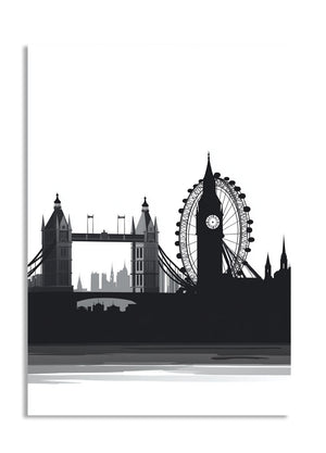 Black silhouette of London landmarks including Tower Bridge and the London Eye on a white background, as a premium aluminum metal print from GoMetalPrint.
