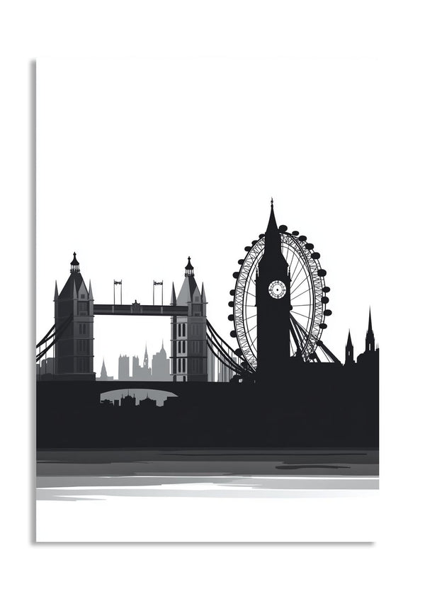 Black silhouette of London landmarks including Tower Bridge and the London Eye on a white background, as a premium aluminum metal print from GoMetalPrint.
