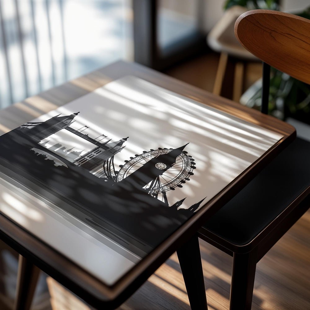 Black silhouette of London landmarks including Tower Bridge and the London Eye on a white background, as a premium aluminum metal print from GoMetalPrint.

