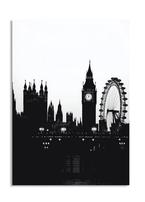 Black silhouette of London skyline with iconic landmarks on a white background, as a premium aluminum metal print from GoMetalPrint.
