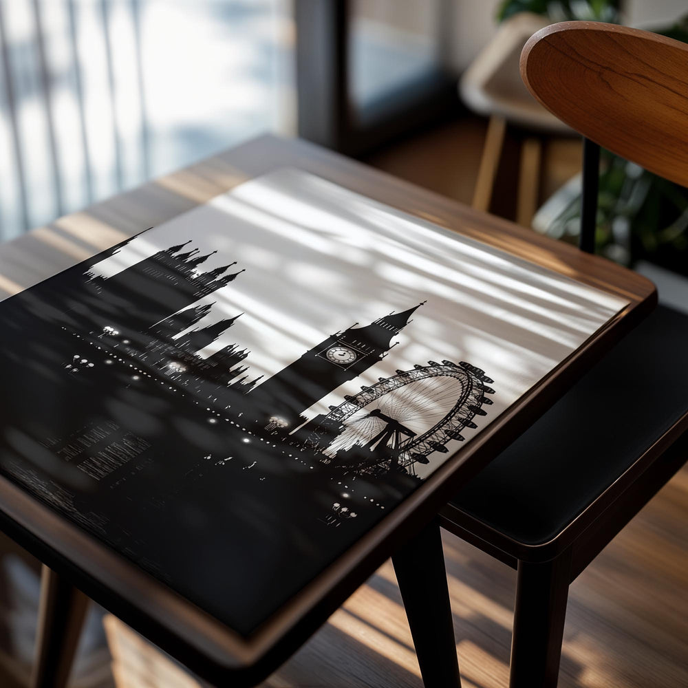 Black silhouette of London skyline with iconic landmarks on a white background, as a premium aluminum metal print from GoMetalPrint.
