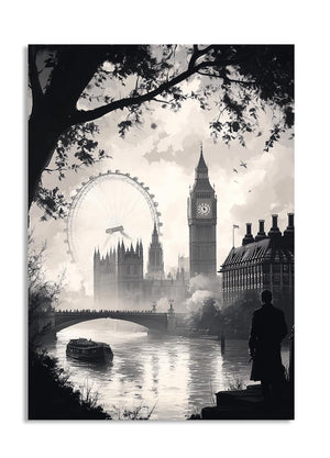 Black and white illustration of London landmarks including the Big Ben and the London Eye, as a premium aluminum metal print from GoMetalPrint.
