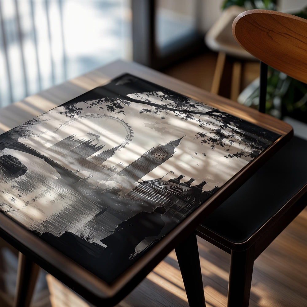 Black and white illustration of London landmarks including the Big Ben and the London Eye, as a premium aluminum metal print from GoMetalPrint.
