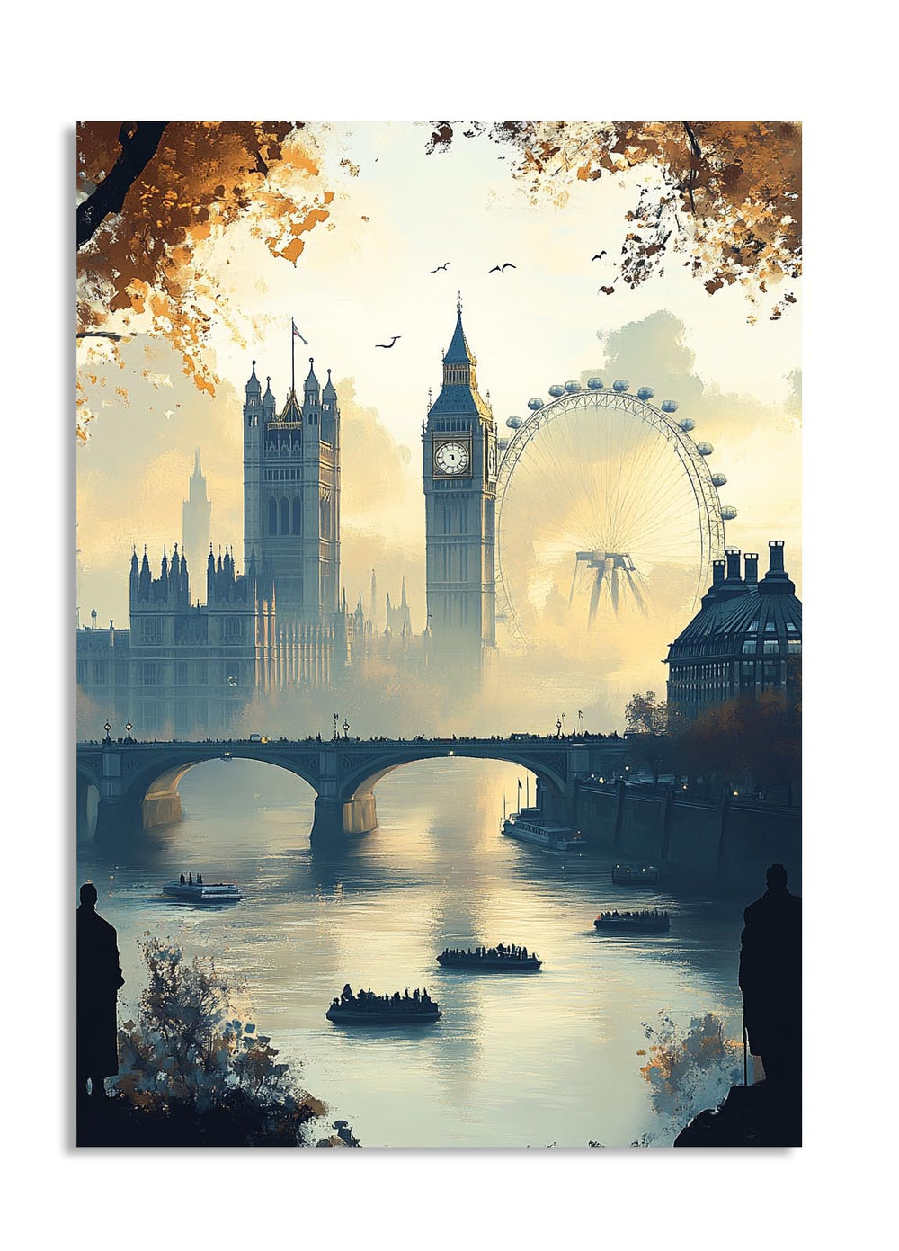 Surreal cityscape with Big Ben, London Eye, and bridge over a river, as a premium aluminum metal print from GoMetalPrint.
