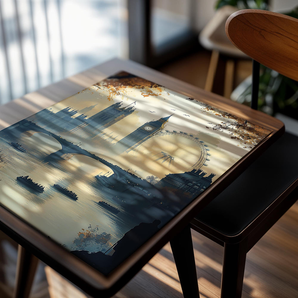 Surreal cityscape with Big Ben, London Eye, and bridge over a river, as a premium aluminum metal print from GoMetalPrint.
