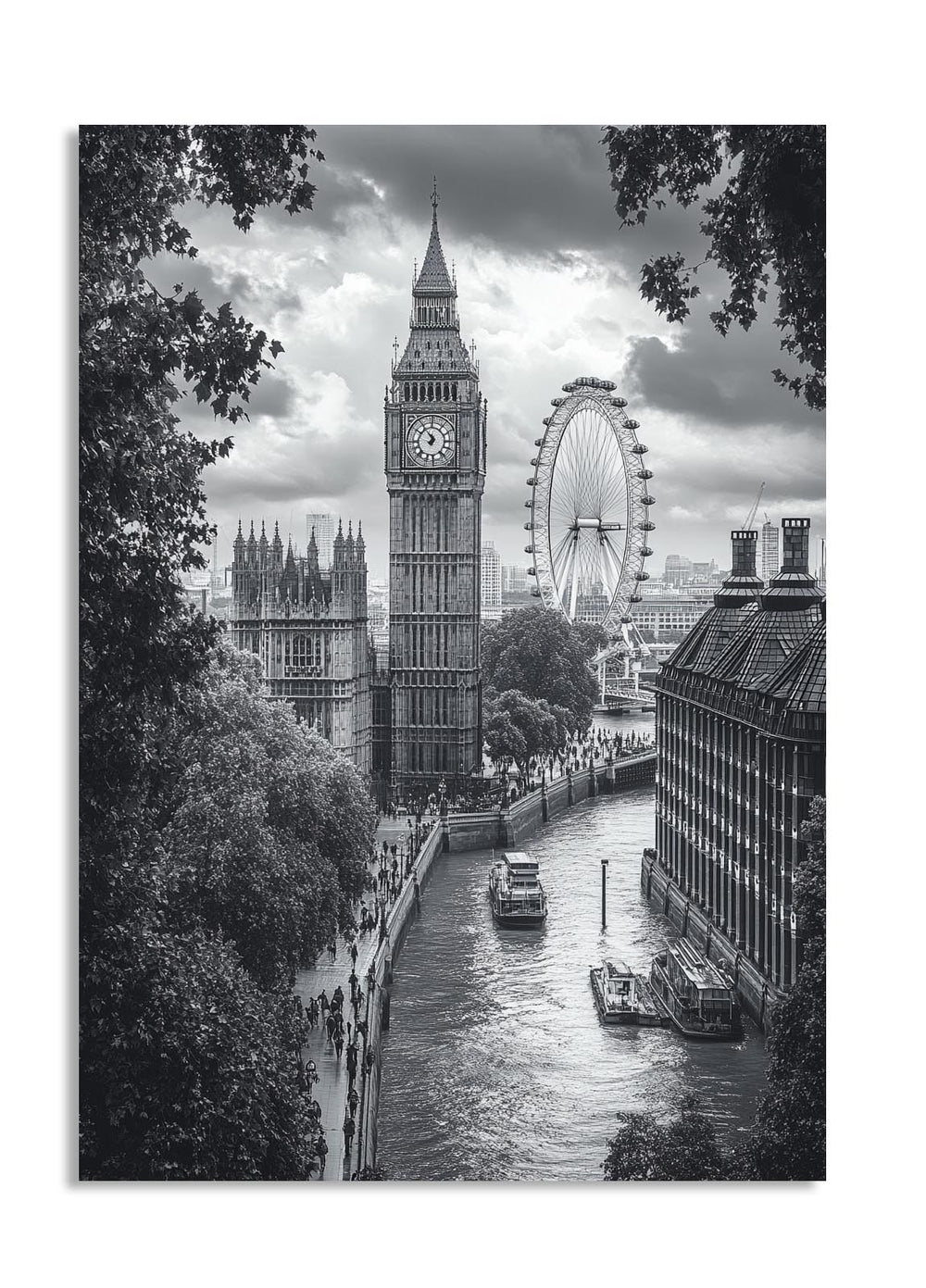 Black and white photo of London landmarks including Big Ben and the London Eye, as a premium aluminum metal print from GoMetalPrint.
