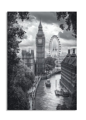 Black and white photo of London landmarks including Big Ben and the London Eye, as a premium aluminum metal print from GoMetalPrint.
