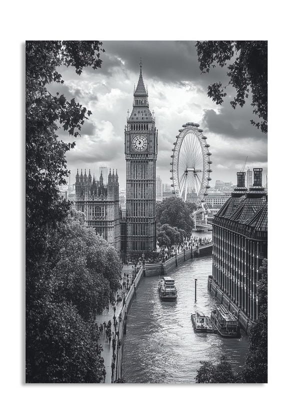 Black and white photo of London landmarks including Big Ben and the London Eye, as a premium aluminum metal print from GoMetalPrint.
