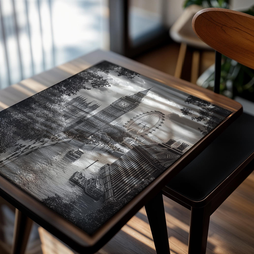 Black and white photo of London landmarks including Big Ben and the London Eye, as a premium aluminum metal print from GoMetalPrint.
