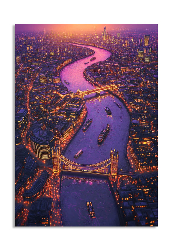 Aerial view of a city at night with illuminated bridges and buildings, as a premium aluminum metal print from GoMetalPrint.
