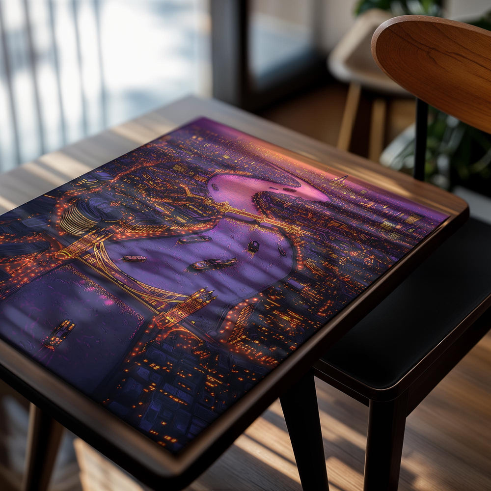 Aerial view of a city at night with illuminated bridges and buildings, as a premium aluminum metal print from GoMetalPrint.
