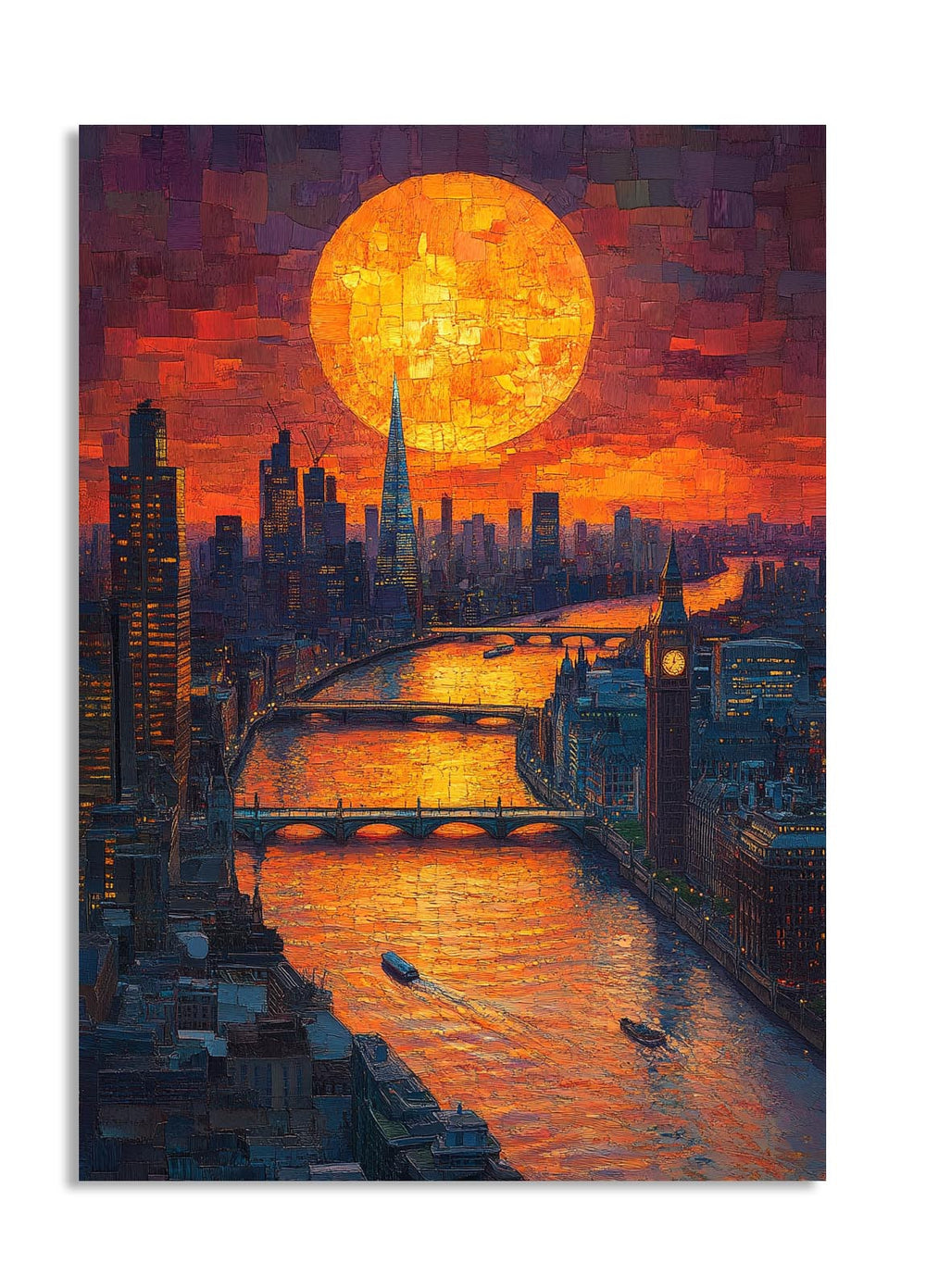 Cityscape with a large orange moon in the sky, as a premium aluminum metal print from GoMetalPrint.
