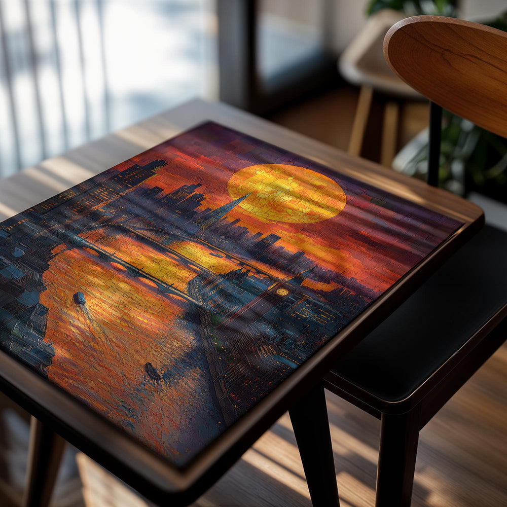 Cityscape with a large orange moon in the sky, as a premium aluminum metal print from GoMetalPrint.
