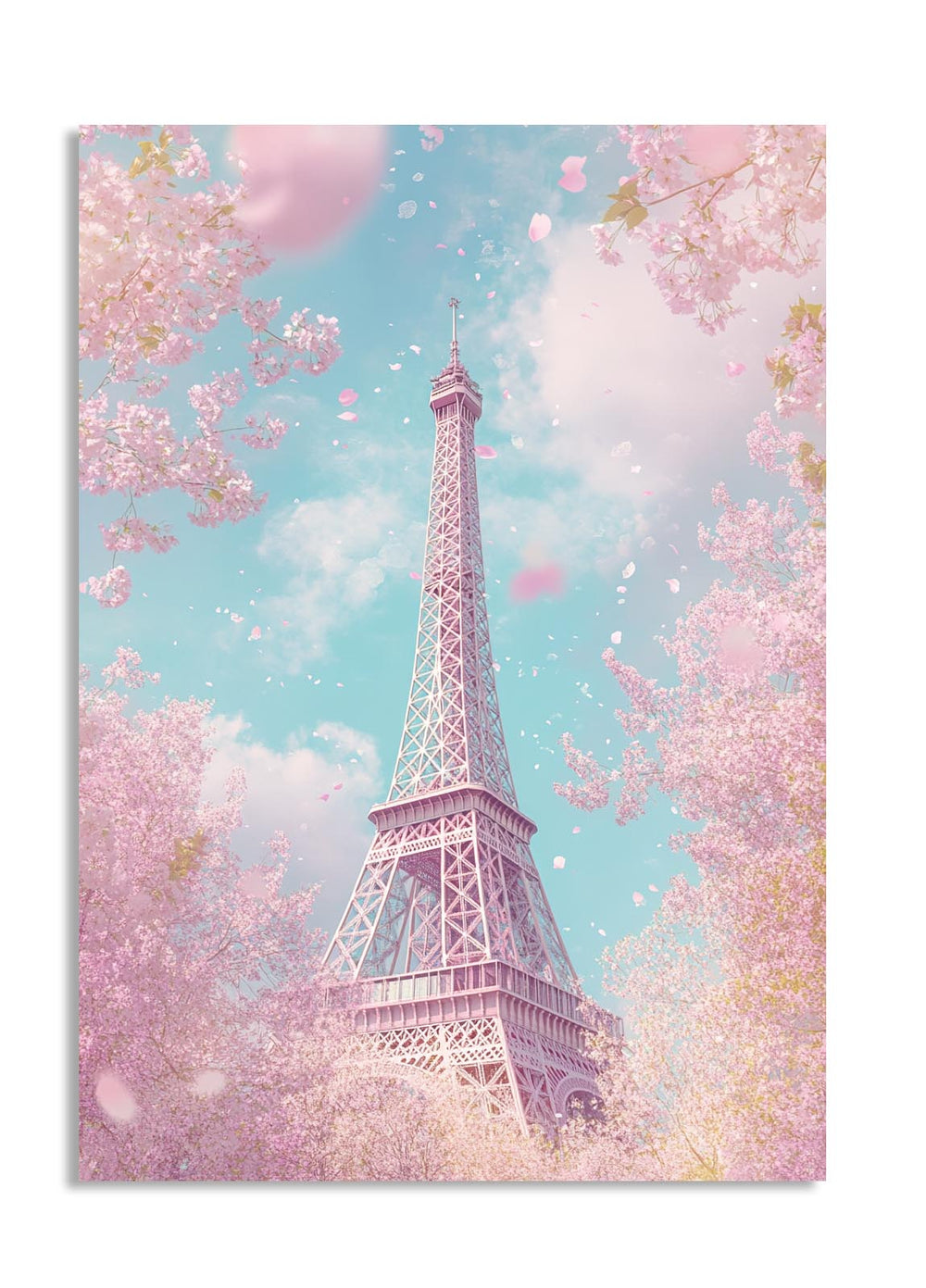 Eiffel Tower surrounded by cherry blossoms with a soft blue sky, as a premium aluminum metal print from GoMetalPrint.
