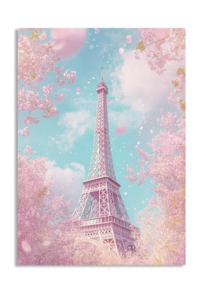 Eiffel Tower surrounded by cherry blossoms with a soft blue sky, as a premium aluminum metal print from GoMetalPrint.
