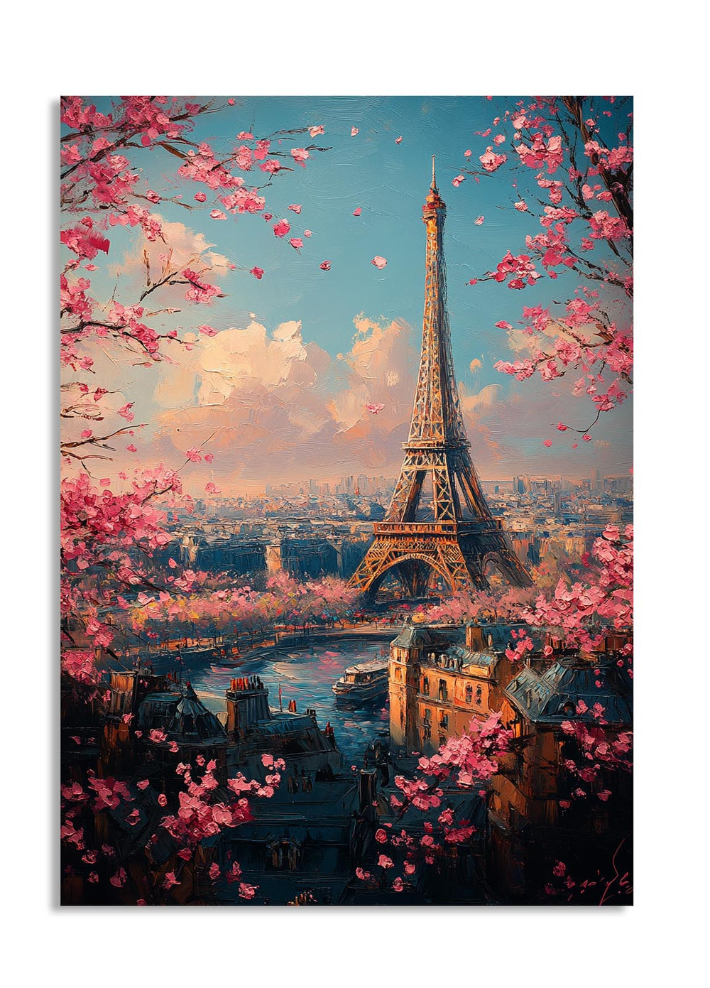 Painting of the Eiffel Tower with cherry blossoms in Paris, as a premium aluminum metal print from GoMetalPrint.
