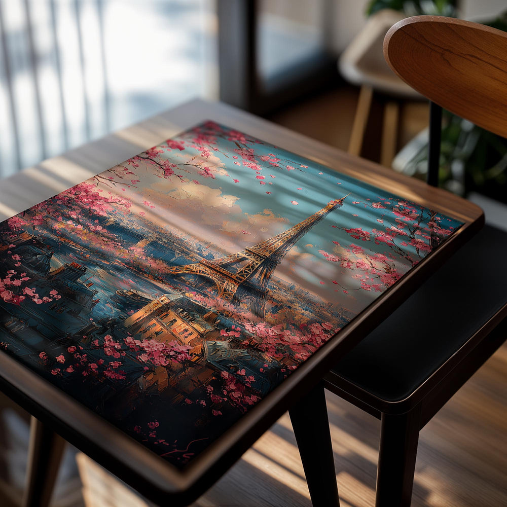 Painting of the Eiffel Tower with cherry blossoms in Paris, as a premium aluminum metal print from GoMetalPrint.
