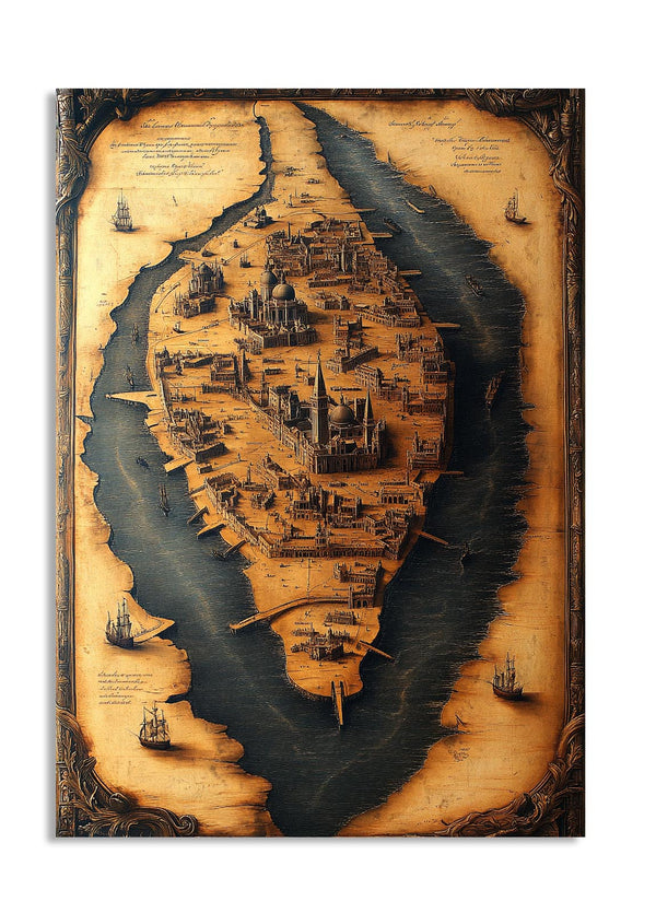 Vintage-style map of a city with ships on a white background, as a premium aluminum metal print from GoMetalPrint.
