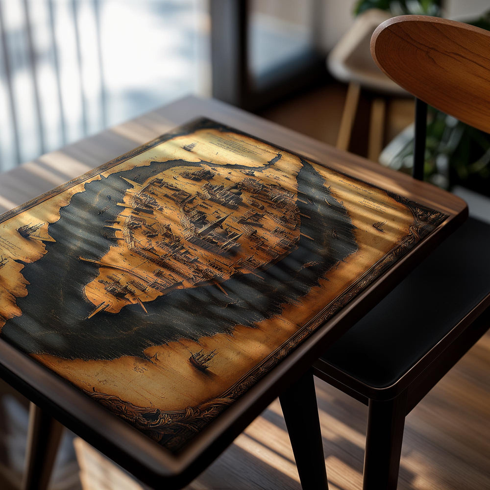 Vintage-style map of a city with ships on a white background, as a premium aluminum metal print from GoMetalPrint.
