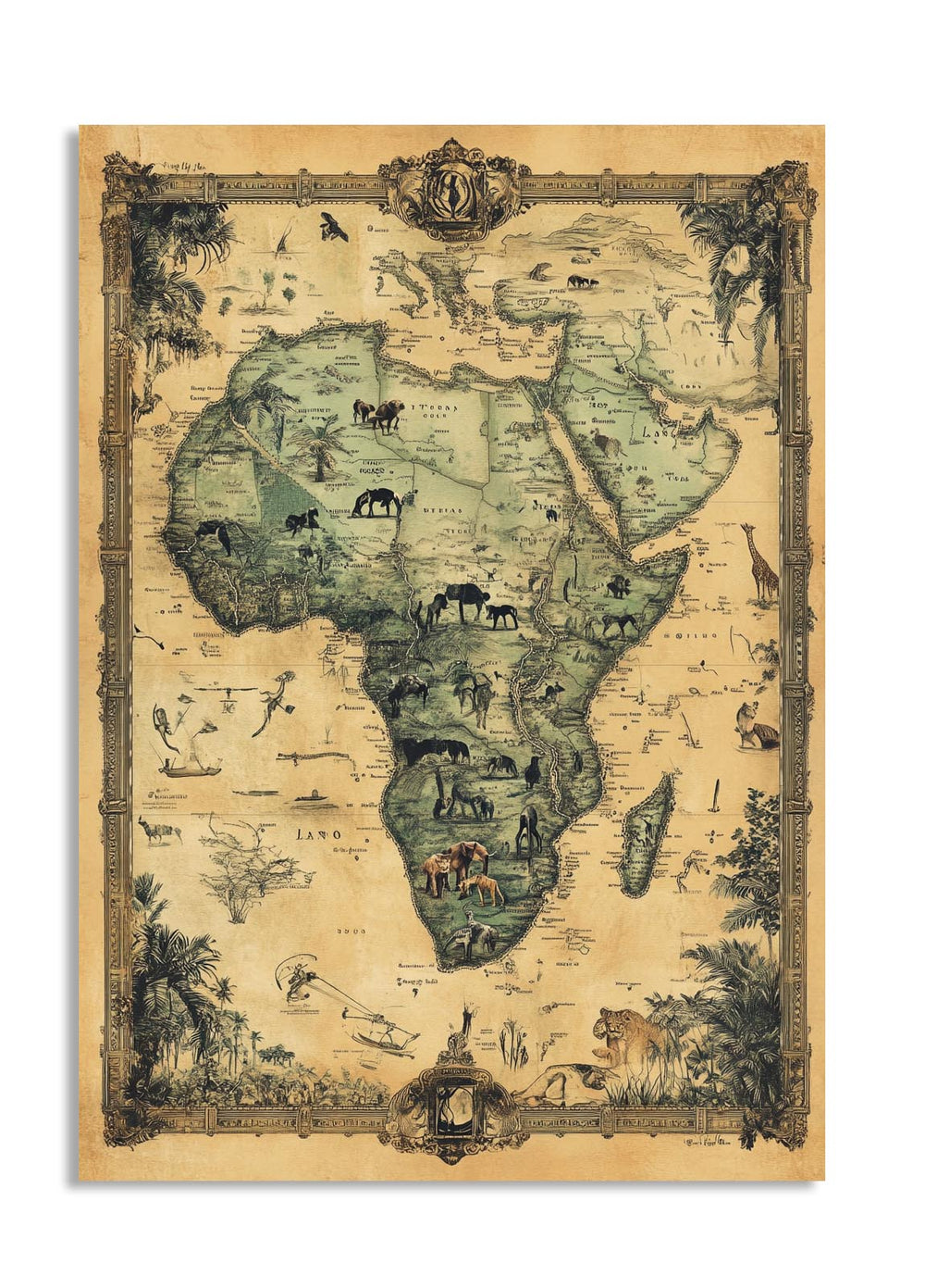 Vintage-style map of Africa with illustrations on a beige background, as a premium aluminum metal print from GoMetalPrint.
